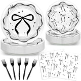 96Pcs Black Bow Plates And Napkins Black Bow Birthday Party Decorations Balck And White Bow Birthday Decorations Disposable Tableware Serve 24