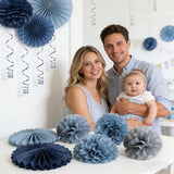 9-Pack Navy Dusty Blue Gray Tissue Paper Pom Poms Hanging Flowers