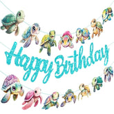 Sea Turtle Happy Birthday Banners 2Pcs Turtle Birthday Party Decorations Glitter Blue Under The Sea Turtles Theme Cutout Banners For Ocean Sea Animals Baby Shower Birthday Party Supplies