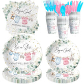 Gender Reveal Decorations, Greenery Baby Clothes Theme Boy Or Girl Gender Reveal Baby Shower Party Supplies, He Or She Paper Plates And Napkins Set, Cups, Disposable Cutlery, Serves 24