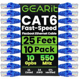 GearIT 10-Pack Cat6 Patch Cable 25 Feet Cat 6 Ethernet Cable Snagless Flexible