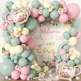 102Pcs Tea Party Decorations Balloon Garland Arch Kit With 2 Giant Floral Teapot Foil Balloons, 18/12/10/5 Inch Sage Green Dusty Pink Cream Latex For Girls Birthday,Garden Bridal Shower