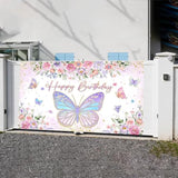 Purple Pink Butterfly Birthday Banner 70.8×43.3 Inch Party Backdrop