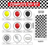 Race Car Balloon Garland Arch Kit With 2 Checkered Foil Fringe Curtains - Cars Wheels Balloons In 18 12 10 Inch Sizes For Two Fast Racing Cars Birthday Party Decorations Supplies