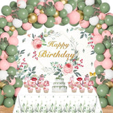 Sage Green Birthday Decorations Women Birthday Party Supplies Including Floral Backdrop, Sage Green Pink Balloons Garland Arch Kit, Tablecloth, Cupcake Toppers For Girls