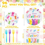 Easter Bunny Happy Easter Rabbits Party Plates Supplies - Serves 24-96Pcs Party Tableware Decorations Disposable Paper Plates Napkins Forks for Spring Birthday Baby Shower