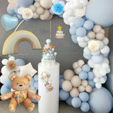 Dusty Blue Birthday Decorations, Teddy Bear Theme Sand White Grey Double Stuffed Blue Balloon Arch Garland Kit, Macaron Confetti Blue Balloons Birthday Party Decorations Supply Boho Decor For Boys