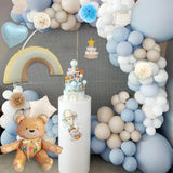 Dusty Blue Birthday Decorations, Teddy Bear Theme Sand White Grey Double Stuffed Blue Balloon Arch Garland Kit, Macaron Confetti Blue Balloons Birthday Party Decorations Supply Boho Decor For Boys