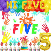 Hi Five Birthday Party Decorations, 5Th Birthday Party Decorations For Boys Girls, Rainbow Balloons High Five Backdrop Number 5 Foil Cake Cupcake Toppers Five Year Old Hand Print Birthday