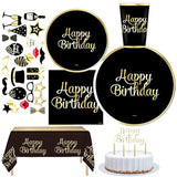 30 Guest Black And Gold Happy Birthday Gold Foil Include Complete Party Pack 9" Dinner Paper Plates 7" Dessert Paper Plates 12 Oz Cups 3 Ply Napkins Party Supplies