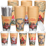 50 Pack Vintage Christmas Coffee Cups 16 Oz With Lids & Straws, Disposable Paper Hot Cocoa & Hot Chocolate Cups, Bulk Holiday Party Supplies For Winter Events, Merry Christmas Designs