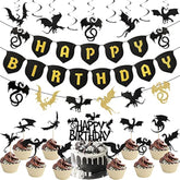 44 Pieces Dragon Party Supplies Dragon Theme Cake Decoration Happy Birthday Hanging Banner Swirls Cupcake Toppers Set For Birthday Party Supplies