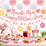 Daisy Happy Mother's Day Decorations, Thanks Mom Happy Mothers Day Banner with Hanging Swirls, Honeycomb Balls Pink White Yellow Mothers Day Decorations for Party Supplies Home Office Photo Props