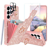 Rose gold glitter Galaxy S25 Ultra wallet case with 5 card slots, ring stand & protectors.