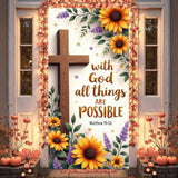 Spring Door Cover Banner Sunflower Door Cover With God All Things Are Possible Backdrop Welcome Spring Summer Front Door Banner Nativity Christian Hanging Banner For Home Door Thanksgiving Day Christmas