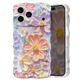Colorful Retro Oil Painting Girly Phone Case for iPhone 17 Pro Max, Pretty Glossy Pattern Wave Cover, Cute Sparkly Floral Curly Shell for Women and Girls, Pink Purple