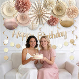 Champagne Gold Beige Fall Boho Party Decorations, Birthday Decorations For Women Girls, Cream Neutral Party Decorations, Happy Birthday Banner With Paper Flowers, Honeycomb Balls, Lanterns, Fans