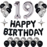 19th Birthday Party Decorations, Black & Silver Happy Birthday Banner, Balloons