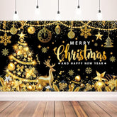 Christmas Party Decorations Black Gold Christmas And Happy New Year Banner For Xmas New Years Eve Party Supplies, 71X43Inch