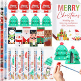 144 Pcs Christmas Stationery Party Favors Bulk For Students Xmas Gift Including Christmas Tree Santa Hat Sharpener Pencil Eraser With Card Bags For Stocking Stuffers Classroom Gift Exchange