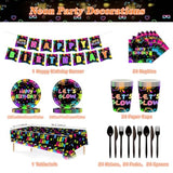 188-piece neon glow party set with dinnerware, balloons, and table décor for 24