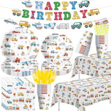 Transportation Birthday Decorations, Traffic Transportation Party Supplies Tableware, Plate, Napkin, Cup, Cutlery, Tablecloth, Banner, Truck Car Construction Vehicle Party Decorations, Serve 24