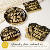 96 Pcs New Years Eve Party Supplies 350 Gsm Black And Gold Happy New Year Tableware Set 2025 Disposable New Years Eve Paper Plates And Napkins For 2025 New Year Party Decorations Serves 24