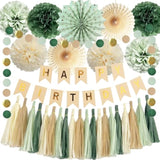 Sage Green Birthday Decorations With Happy Birthday Banner Sage Cream Paper Pom Poms Paper Tassels Circle Dots Garland For Girls Women Neutral Rustic Botanical Birthday Party Decor