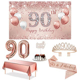90Th Birthday Decorations Party Set For Women, Rose Gold 90 Birthday Banner And Tablecloth, 90 & Fabulous Sash And Tiara, 1Pc Happy 90Th Birthday Cake Topper, Pink Gold 90 Number Balloons