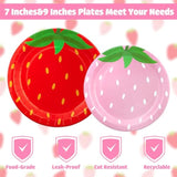 Strawberry Party Tableware Set Strawberry Theme Paper Plates Napkins Cups Strawberries Plastic Tablecloth Disposable Strawberries Party Supplies For Birthday Baby Shower, Pink