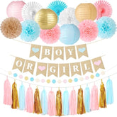 Gender Reveal Decorations 16 Pcs Baby Shower Decorations For Boy Or Girl Reveal Party, Includes Tassel, Lanterns, Pom Poms, And Baby Shower Banner Perfect For Indoor & Outdoor Celebrations