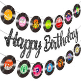3Pcs Rock And Roll Vinyl Records Birthday Party Decorations Retro Vinyl Record Cutout Banners With Black Glitter Happy Birthday Banner For 50S 70S 90S Style Birthday Rock Music Dj Party Baby Shower Supplies