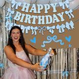 Pre-Strung Blue Bow Decorations Glitter Happy Birthday Banner Bow Garland Party Decorations For Girls Women Birthday Party (Blue)