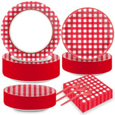 200Pcs Red And White Gingham Plates Napkins Checkered Plaid Paper Tableware Set Cake Dessert Disposable Dinnerware Spring Picnic Party Decoration For Baby Shower Birthday Decor Supplies Serves 50