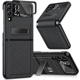 Compatible For Galaxy Z Flip 3 5G Kickstand Case, Z Flip 3 Case With Camera Protector Hinge Protection Wireless Charging Cover For Samsung Galaxy Z Flip 3 (Carbon Fiber Black)