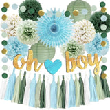 Sage Green And Blue Baby Shower Decorations Oh Boy Banner Sage Green Dusty Blue Tissue Paper Pom Poms Lanterns Paper Tassels Garland For Baby Boys Shower Party Decor