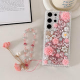 for Galaxy S26 Ultra Glitter Bling Case, Cute Luxury 3D Sparkle Crystal Rhinestones Flowers Diamond Pearl Gems with Lanyard Wrist Strap Women