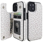 For Iphone 14 Wallet Case With Card Holder, White Leopard Pattern Back Flip Folio Pu Leather Kickstand Card Slots Case For Women Girls, Double Magnetic Clasp Shockproof Cover 6.1"