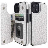 For Iphone 14 Wallet Case With Card Holder, White Leopard Pattern Back Flip Folio Pu Leather Kickstand Card Slots Case For Women Girls, Double Magnetic Clasp Shockproof Cover 6.1"