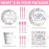 Bubble Birthday Party Decorations Tableware For Girl, Summer Pastel Pop On Over Bubbles Theme Party Supplies For Birthday Baby Shower, Paper Plate, Napkin, Cup, Disposable Cutlery, Serves 24