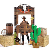 7Pcs Western Cowboy Party Decor Hay Bales, Cactus, Wagon Wheel & Backdrop Banner