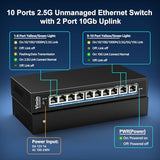 10-Port 10G/2.5G Ethernet Switch With Dual 10Gbase-T, 8X 2.5G +2 X 10Gb Rj45 Ports Unmanaged Switch, 80Gbps Capacity, 10G Switch Desktop/Wall Mount Network Switch For Nas, Pc, Wireless Ap