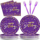 96Pcs Purple Gold Party Plates And Napkins - Happy Birthday Party Decorations - Disposable Tableware Set For 24 Guests