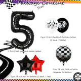 Race Car Birthday Balloon Set: Number 5, Checkered Flag, Black Mylar