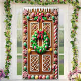 Christmas Gingerbread Door Cover 71X35 Inch Holiday Front Porch Door Banners Decoration Candy Cane Wreath Peppermint Cookie House Hanging Banner For Indoor Outdoor Winter Party Decor