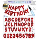 76Pcs Happy Birthday Balloon Banner, Red Balloons Letters, Personalized 16" Mylar Foil Birthday Decorations Includes 2 Sets A- Z, 1 Set Number 0-9 And "Happy Birthday" Letters (With Balloon Pump)