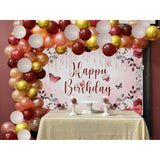 Burgundy Floral Happy Birthday Decorations Women Girls Party Supplies Including Flower Birthday Backdrop 5X3Ft,50 Pcs Burgundy Rose Gold Balloons Garland Arch Kit