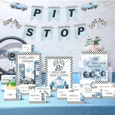 19 Pcs Race Car Birthday Party Decorations Boys Two Fast Vintage Birthday Decor 2 Fast Dusty Blue Black Wheel Checkered Supplies For Baby Shower Race Car One Party