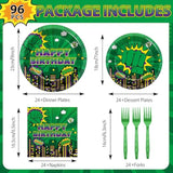 96Pcs Green Hero Paper Plates And Napkins Super Theme Birthday Party Supplies Green Hero Disposable Dinnerware Tableware Set For Kid Cartoon City Cityscape Baby Shower Table Party Decoration Serve 24