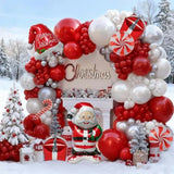 Red White Christmas Balloon Arch Kit, Double Stuffed Ruby Red Pearl White Silver Balloon Garland with Snowflake Latex, Santa Foil Balloons for Winter Xmas Birthday Baby Shower New Year Party Decor